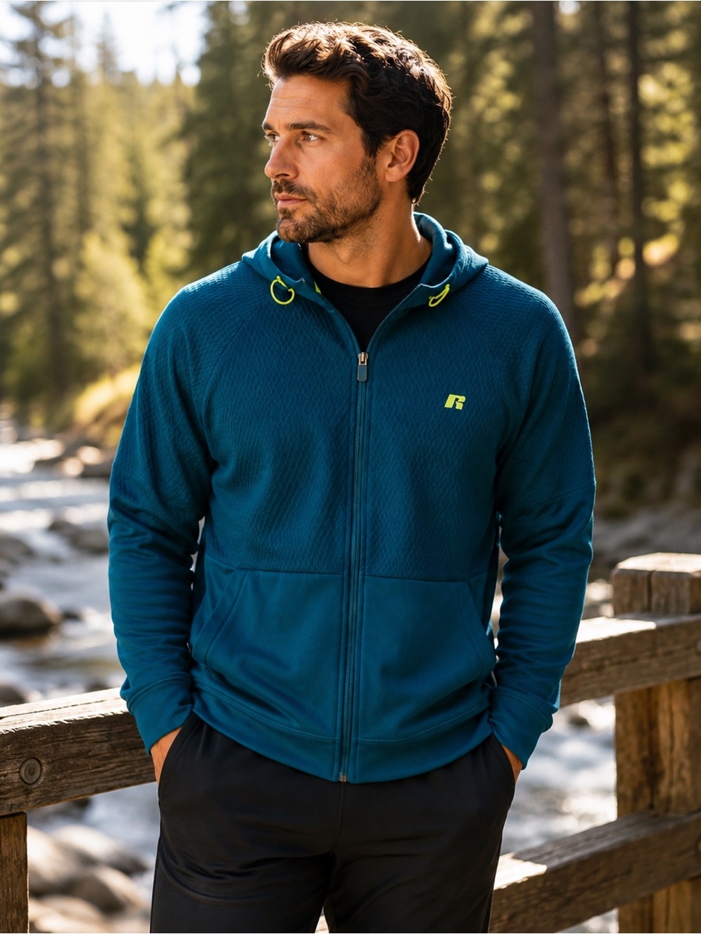 Russell Athletic Textured Full Zip Hoodie Men Small Teal Performance Jacket